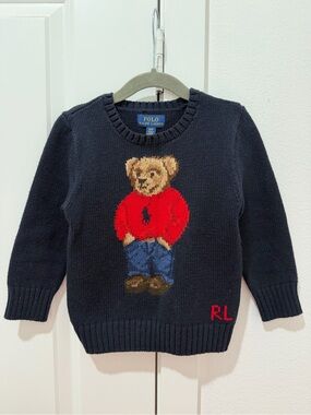 Polo Ralph Lauren Navy Polo Bear Sweater wearing Red Logo Sweater